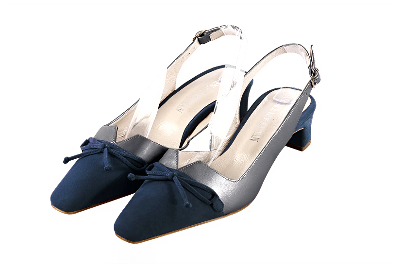 Dress slingback bow heels in navy blue and dove grey leather with kitten heels and tapered toe - Front view